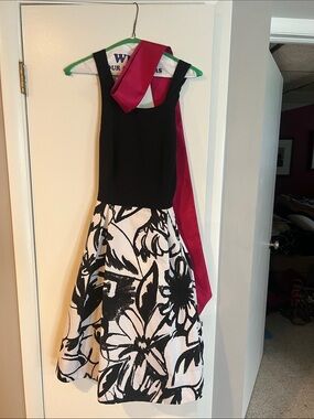 White House Black Market Black & White Floral Midi Dress with Pink Sash